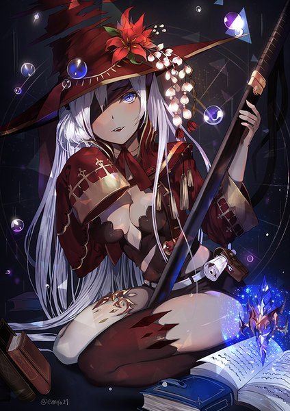 Anime picture 650x919 with original emyo single long hair tall image blush light erotic sitting purple eyes looking away silver hair long sleeves parted lips light smile wide sleeves magic between legs girl thighhighs flower (flowers)