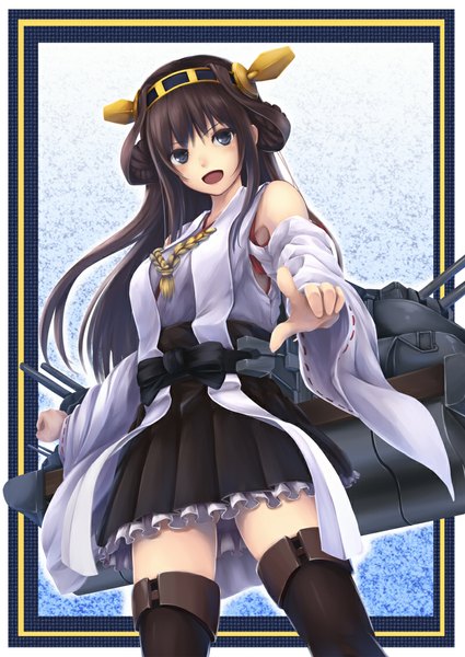 Anime picture 800x1129 with kantai collection kongou battleship bit (keikou syrup) single long hair tall image looking at viewer open mouth brown hair black eyes zettai ryouiki pointing nontraditional miko girl thighhighs dress weapon black thighhighs detached sleeves hairband