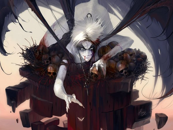 Anime picture 1600x1200 with pain killer (game) anry single short hair signed white hair heterochromia scar demon blank eyes wings insect butterfly blood cross skull claws