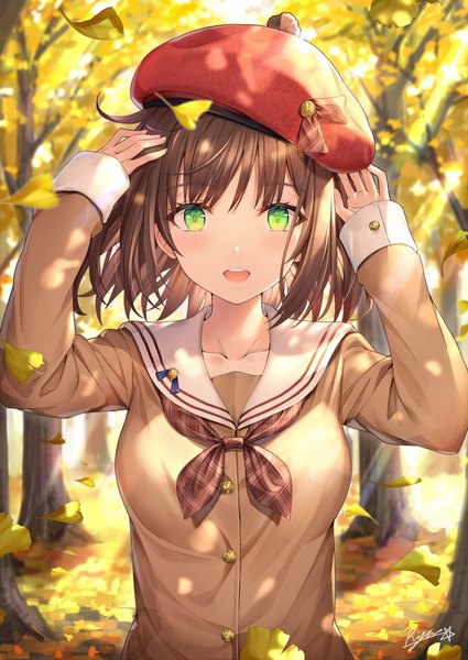 Anime picture 928x1310 with original rin yuu single tall image looking at viewer blush short hair open mouth smile brown hair green eyes signed upper body outdoors long sleeves :d arms up depth of field autumn girl
