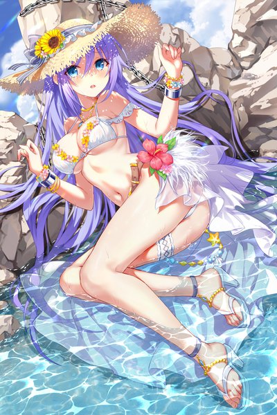 Anime picture 1575x2362 with princess connect! shizuru (princess connect!) devil heavens single long hair tall image looking at viewer blush fringe breasts open mouth blue eyes light erotic hair between eyes large breasts sky purple hair cloud (clouds) outdoors high heels