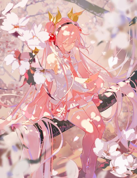 Anime picture 1000x1303 with vocaloid hatsune miku sakura miku lirseven single tall image fringe hair between eyes sitting pink hair eyes closed very long hair pleated skirt pink eyes wind cherry blossoms tree sitting girl thighhighs skirt