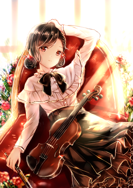 Anime picture 717x1012 with original sakana cho single tall image looking at viewer blush fringe short hair black hair red eyes sitting holding indoors long sleeves head tilt pleated skirt arm up sunlight hair bun (hair buns) hand on head