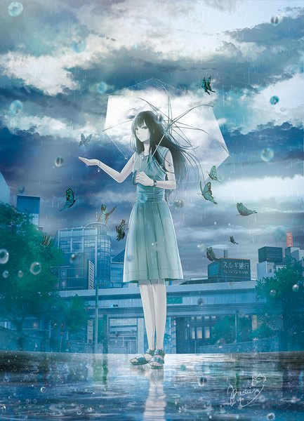 Аниме картинка 795x1100 с оригинальное изображение fusui один (одна) длинные волосы высокое изображение смотрит на зрителя чёлка чёрные волосы держать подписанный облако (облака) всё тело ветер город отражение дождь прозрачный зонт девушка платье растение (растения)