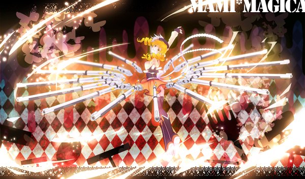 Anime picture 1700x1000 with mahou shoujo madoka magica shaft (studio) tomoe mami single highres blonde hair smile wide image yellow eyes drill hair spread arms checkered background girl thighhighs gloves ribbon (ribbons) weapon hat miniskirt fingerless gloves