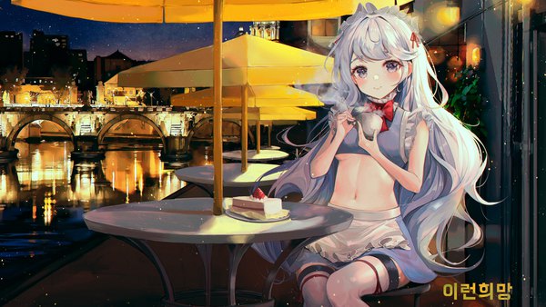 Anime picture 5511x3100 with original bbeedol single long hair looking at viewer blush fringe highres breasts blue eyes light erotic smile wide image sitting holding absurdres silver hair outdoors night bare belly