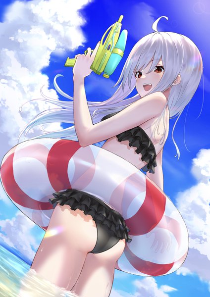 Anime picture 2605x3684 with original takubon single long hair tall image looking at viewer blush fringe highres open mouth light erotic red eyes holding sky silver hair cloud (clouds) ahoge ass looking back wind
