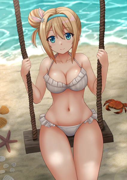Anime picture 1200x1697 with girls frontline suomi kp31 (girls frontline) kazenokaze single tall image looking at viewer blush fringe short hair breasts blue eyes light erotic blonde hair smile hair between eyes large breasts sitting bare shoulders holding payot