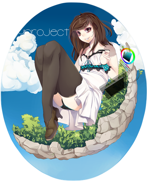 Anime picture 1000x1176 with loyproject single long hair tall image looking at viewer light erotic smile brown hair brown eyes pantyshot girl thighhighs dress underwear panties black thighhighs white dress black panties