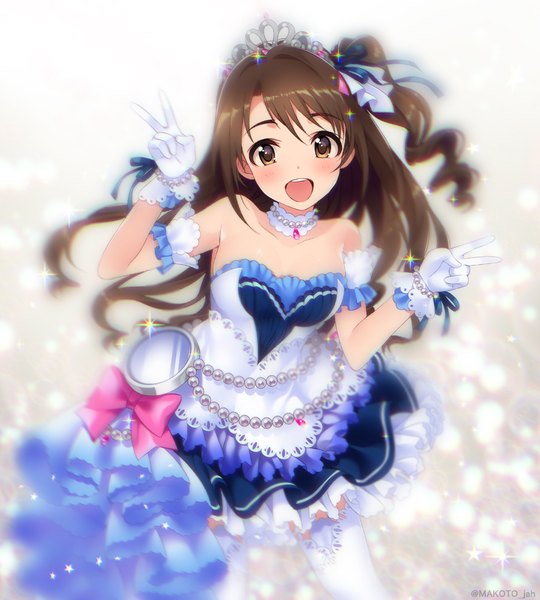 イラスト 900x1000 と アイドルマスター アイドルマスターシンデレラガールズ idolmaster cinderella girls starlight stage 島村卯月 観月真 ソロ 長髪 長身像 カメラ目線 赤面 開いた口 茶色の髪 茶目 ワンサイドアップ 縦ロール ピースサイン スターリースカイ・ブライト 女の子 ストッキング ドレス