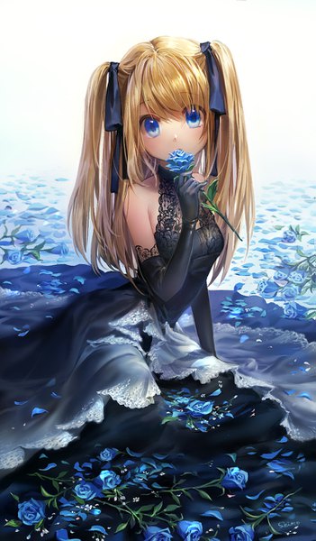 Anime picture 767x1310 with original shuang xiyu single long hair tall image looking at viewer blush fringe blue eyes blonde hair hair between eyes sitting bare shoulders holding arm support two side up covered mouth girl dress gloves