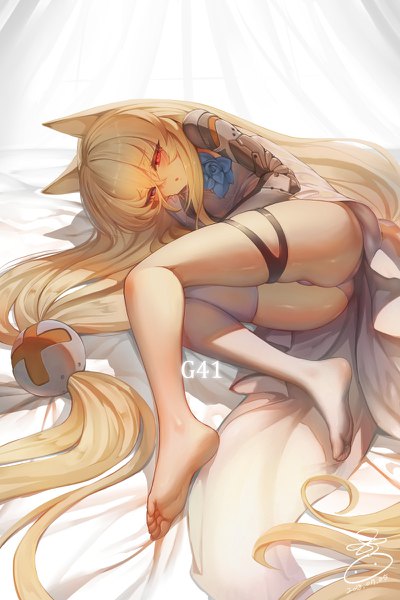 Anime picture 800x1200 with girls frontline g41 (girls frontline) suerte single tall image blush fringe light erotic blonde hair simple background red eyes twintails signed animal ears bent knee (knees) very long hair inscription :o character names low twintails