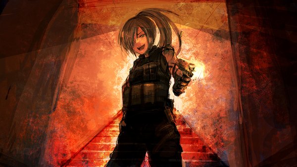 Anime picture 1597x899 with original bee (deadflow) single fringe open mouth brown hair wide image green eyes ponytail hair over one eye transparent girl uniform weapon gun military uniform stairs
