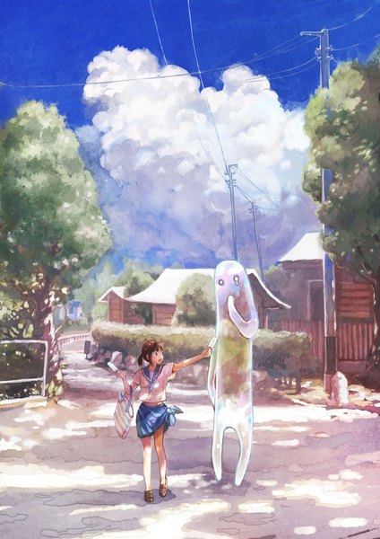 Anime picture 1500x2121 with original plasm (gyuunyuu) tall image open mouth brown hair brown eyes sky cloud (clouds) ghost transparent girl plant (plants) tree (trees) serafuku food sweets bag ice cream wire (wires) house