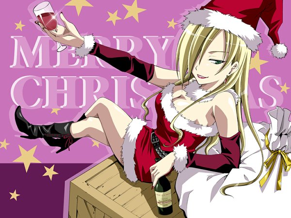 Anime picture 1024x768 with ratman - the smallest hero!? mizushima crea (ratman) inui sekihiko single long hair fringe blonde hair smile bare shoulders green eyes lips hair over one eye fur trim lipstick crossed legs outstretched arm christmas eyebrows red lipstick merry christmas