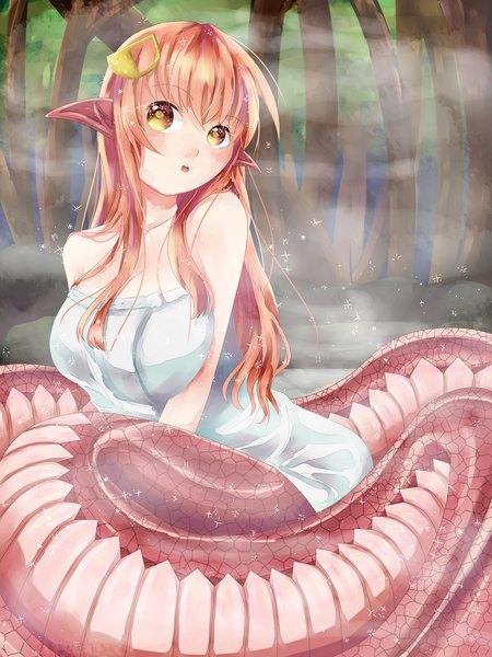 Anime picture 3000x4000 with monster musume no iru nichijou miia (monster musume) lazhamegami single long hair tall image blush fringe highres breasts hair between eyes large breasts sitting bare shoulders yellow eyes payot looking away full body outdoors head tilt