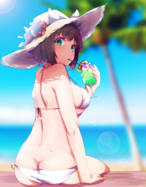 Anime picture 1564x2000 with idolmaster idolmaster cinderella girls maekawa miku ryuu. single tall image looking at viewer short hair light erotic brown hair sitting holding green eyes sky ass looking back from behind sunlight blurry arm support