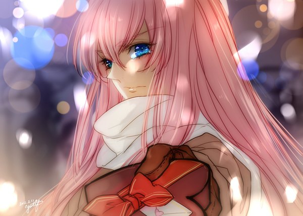 Anime picture 1920x1372 with vocaloid megurine luka single long hair highres blue eyes pink hair tears valentine girl gloves bow scarf gift letter love letter