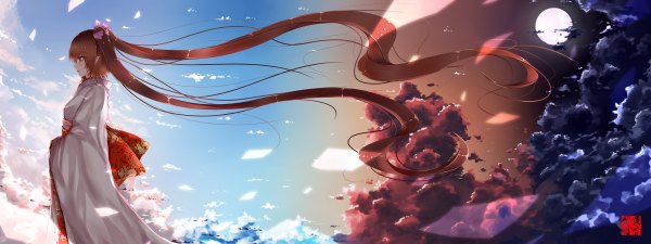 Anime picture 2400x900 with touhou himekaidou hatate dusk/dawn single highres red eyes brown hair wide image twintails very long hair traditional clothes japanese clothes profile night girl bow plant (plants) hair bow petals tree (trees)
