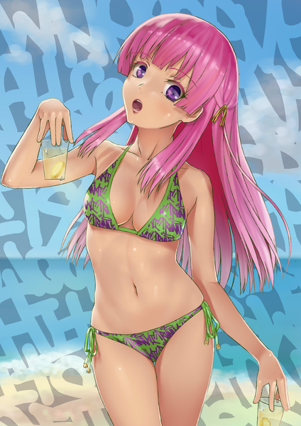 Anime picture 1190x1683 with original shade/nays single long hair tall image looking at viewer blush open mouth light erotic purple eyes bare shoulders holding pink hair sky cleavage inscription teeth bare belly girl navel