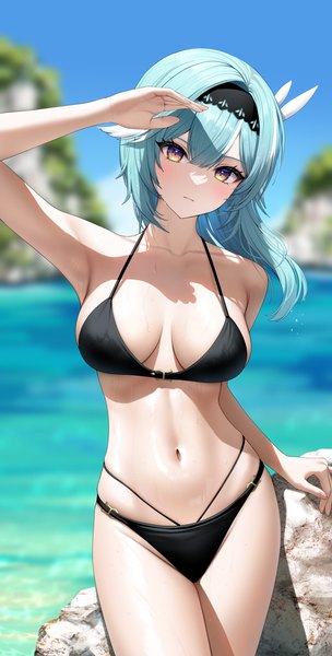 Anime picture 2127x4200 with genshin impact eula lawrence kohanayuki single long hair tall image looking at viewer blush fringe highres breasts light erotic hair between eyes large breasts standing yellow eyes blue hair sky outdoors head tilt