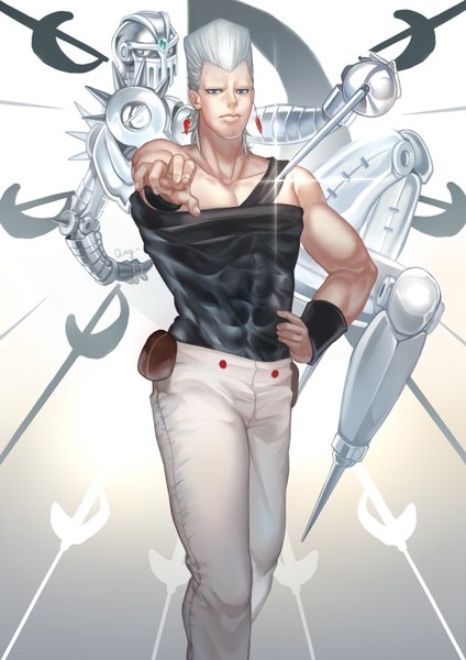 Anime picture 2480x3507 with jojo no kimyou na bouken jean pierre polnareff silver chariot qing heshang tall image looking at viewer highres short hair blue eyes bare shoulders silver hair lips multiple boys hand on hip outstretched arm muscle stand (jojo) boy weapon earrings