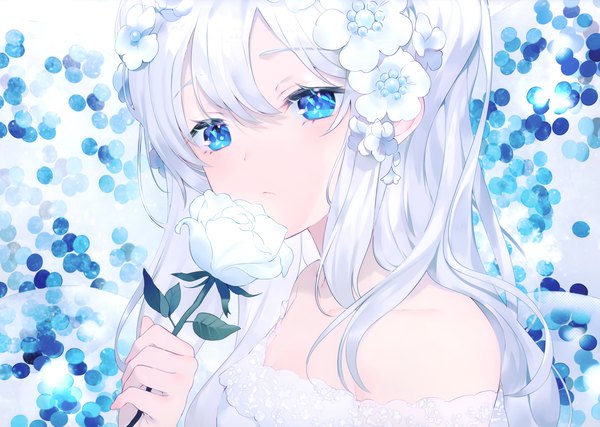 Anime picture 2964x2111 with original achiki single long hair looking at viewer blush fringe highres blue eyes hair between eyes bare shoulders holding upper body white hair hair flower scan off shoulder girl flower (flowers) rose (roses)