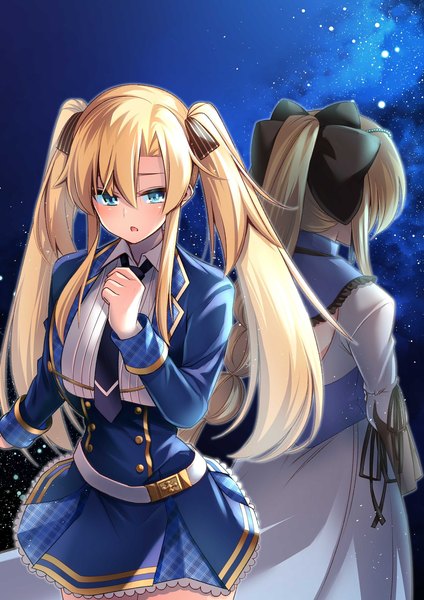 Anime picture 1446x2048 with seiken gakuin no maken tsukai regina mercedes altiria ray o'ltriese keigen hichou long hair tall image looking at viewer blush fringe open mouth blue eyes blonde hair hair between eyes standing twintails multiple girls ponytail night :o night sky