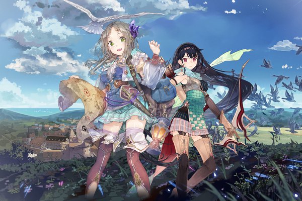 Anime-Bild 1920x1280 mit atelier (series) atelier firis gust (company) liane mistlud firis mistlud yuugen noco (adamas) long hair looking at viewer fringe highres breasts black hair blonde hair smile red eyes multiple girls green eyes sky cloud (clouds)