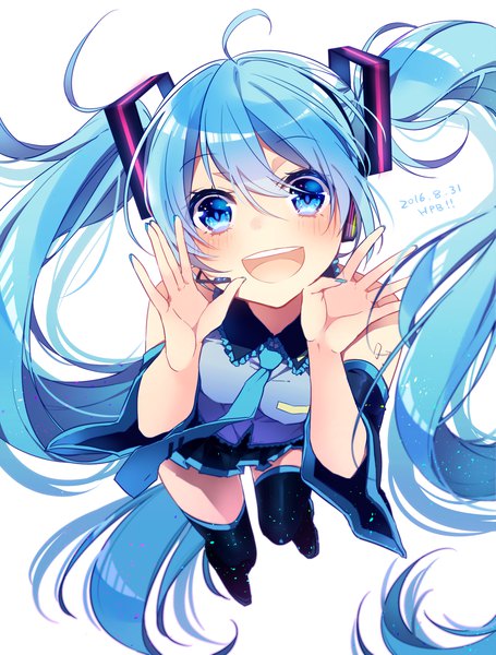 Anime-Bild 1390x1831 mit vocaloid hatsune miku asagao minoru single tall image looking at viewer blush fringe blue eyes simple background hair between eyes white background twintails blue hair full body ahoge very long hair nail polish from above dated