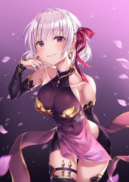 Anime picture 900x1273 with fate (series) fate/grand order kama (fate) r o ha single tall image looking at viewer blush fringe short hair breasts light erotic simple background smile hair between eyes large breasts standing purple eyes bare shoulders silver hair