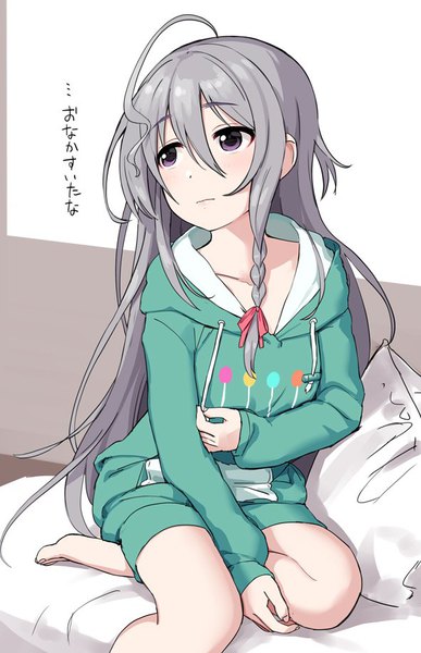 Anime picture 591x914 with idolmaster idolmaster cinderella girls hoshi syoko omaru gyuunyuu single long hair tall image fringe hair between eyes sitting purple eyes ahoge braid (braids) barefoot grey hair text side braid girl hood hoodie