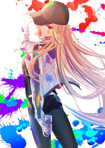 Anime picture 1100x1540 with original eternity (shadeh) single long hair tall image looking at viewer fringe blonde hair simple background standing white background purple eyes holding profile looking back arm up from behind open jacket adjusting hat legwear under shorts