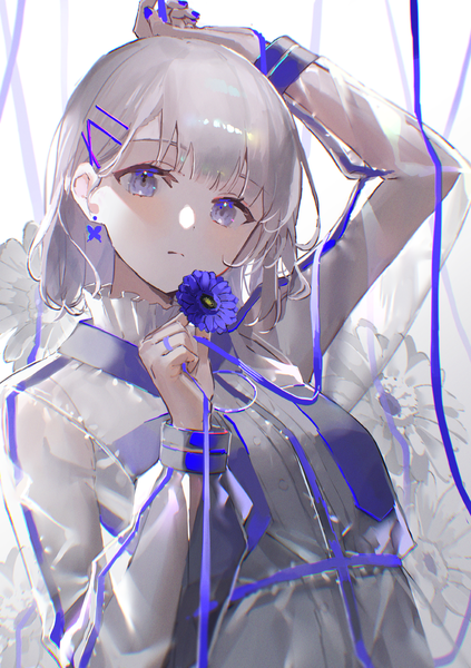 Anime picture 2885x4096 with original oyuyu single long hair tall image looking at viewer fringe highres blue eyes silver hair upper body blunt bangs long sleeves nail polish arm up anaglyph floral background blue nail polish girl hair ornament