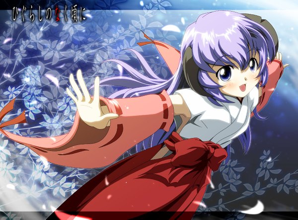 Anime picture 1280x949 with higurashi no naku koro ni studio deen hanyuu purple eyes purple hair spread arms miko girl plant (plants) detached sleeves petals