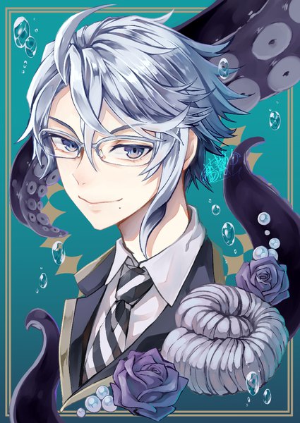 Anime picture 836x1180 with twisted wonderland azul ashengrotto canned rose single tall image looking at viewer fringe short hair smile hair between eyes silver hair upper body mole framed mole under mouth silver eyes boy flower (flowers) necktie rose (roses)