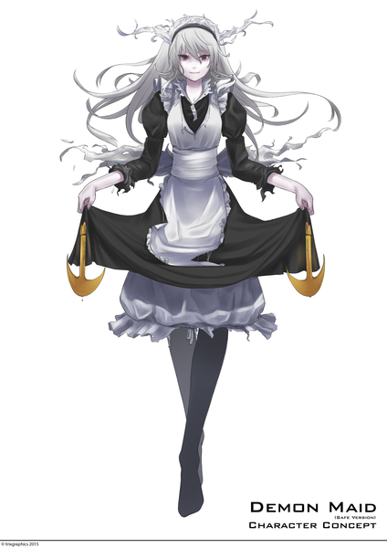 Anime picture 2000x2829 with original triximity single long hair tall image looking at viewer fringe highres simple background smile hair between eyes red eyes white background full body grey hair maid no shoes puffy sleeves floating hair torn clothes