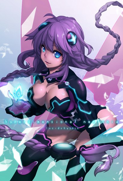 Anime picture 700x1023 with choujigen game neptune hyperdimension neptunia mk2 purple heart lucidsky single long hair tall image looking at viewer fringe breasts blue eyes light erotic large breasts standing purple hair braid (braids) light smile leaning leaning forward twin braids
