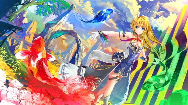 Anime picture 1920x1080 with original kouji (astral reverie) long hair fringe highres blue eyes blonde hair wide image standing looking away sky cloud (clouds) ponytail parted lips magic spread arms mountain rock floating island girl