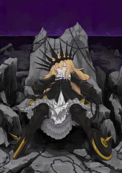 Anime picture 1074x1517 with black rock shooter chariot (black rock shooter) long hair tall image looking at viewer blonde hair yellow eyes reclining ruins girl dress chain short dress crown candy stone (stones) claws