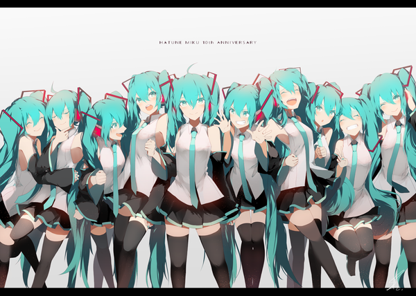 イラスト 2061x1472 と ボーカロイド 初音ミク saihate (d3) ソロ カメラ目線 赤面 前髪 highres 開いた口 笑顔 hair between eyes looking away アホ毛 bent knee (knees) eyes closed very long hair nail polish head tilt pleated skirt one eye closed