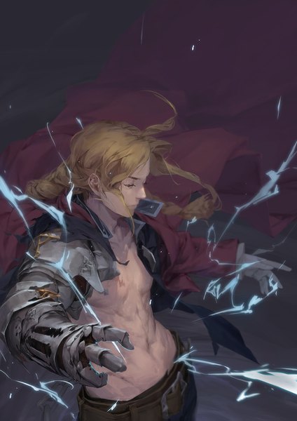 Anime picture 1000x1415 with fullmetal alchemist studio bones edward elric baraba baba single long hair tall image simple background brown hair payot upper body ahoge braid (braids) eyes closed profile from above wind blurry open clothes torn clothes