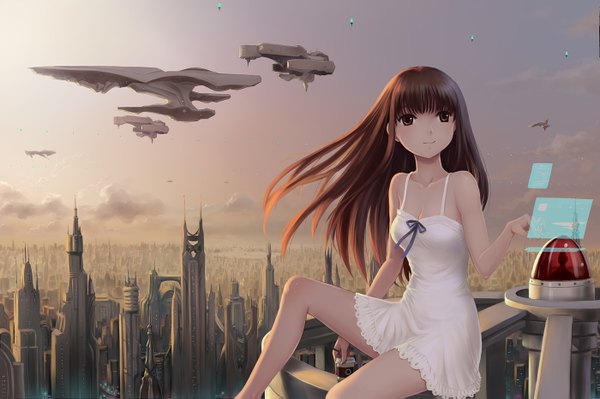 Anime picture 1400x933 with original youbou single long hair smile brown hair sitting bare shoulders brown eyes sky cloud (clouds) city evening sunset cityscape girl sundress spacecraft