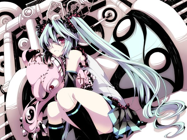 Anime picture 1000x748 with vocaloid hatsune miku moru long hair red eyes sitting twintails aqua hair hug girl skirt hair ornament detached sleeves miniskirt toy eyepatch stuffed animal stuffed rabbit stitches