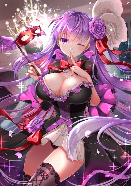 Anime picture 1240x1754 with fate (series) fate/extra fate/extra ccc bb (fate) (all) bb (fate/extra) shibi single tall image looking at viewer blush fringe breasts light erotic smile hair between eyes large breasts standing purple eyes holding purple hair