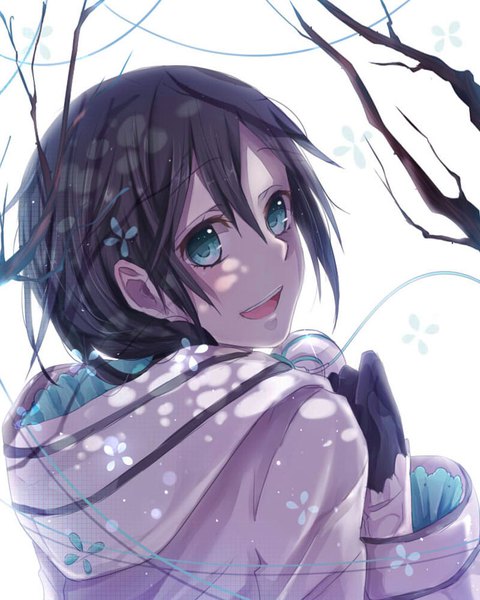 Anime picture 700x875 with utau xia yu yao na yeon single tall image looking at viewer fringe short hair open mouth black hair smile hair between eyes upper body looking back aqua eyes from behind girl gloves black gloves hood