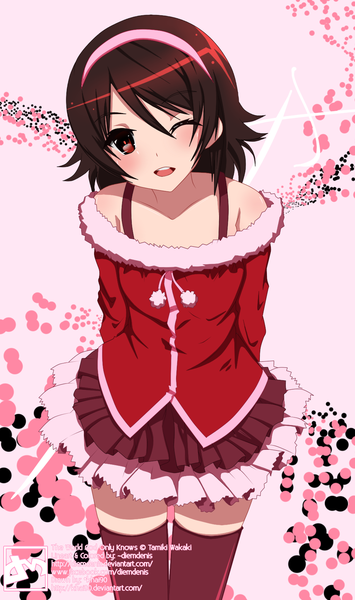 Anime picture 1000x1687 with kami nomi zo shiru sekai takahara ayumi diemdenis single tall image blush short hair open mouth smile red eyes brown hair bare shoulders pleated skirt one eye closed wink coloring girl thighhighs