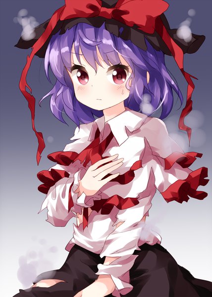 Anime picture 1000x1400 with touhou nagae iku ruu (tksymkw) single tall image looking at viewer blush fringe short hair simple background hair between eyes red eyes purple hair gradient background torn clothes sweatdrop girl bow hat