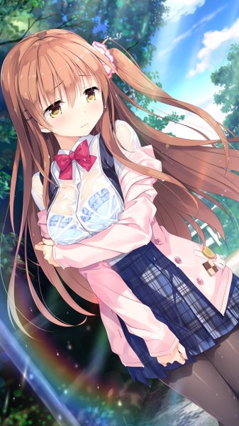 Anime picture 1440x2560 with koi kakeru shin-ai kanojo us:track (studio) himeno sena kimishima ao single long hair tall image blush fringe breasts light erotic looking away game cg sky cloud (clouds) outdoors head tilt pleated skirt sunlight orange hair