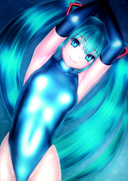Anime picture 992x1403 with vocaloid hatsune miku akahige single long hair tall image looking at viewer light erotic smile twintails aqua eyes aqua hair arms up armpit (armpits) highleg girl gloves swimsuit black gloves elbow gloves